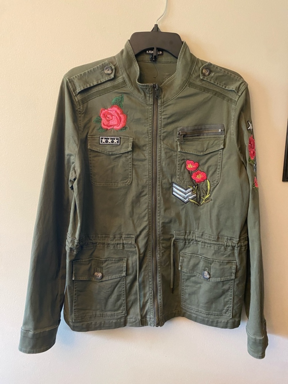 Express Military-Style Olive Green Embroidered Appliqué Utility Jacket NWOT